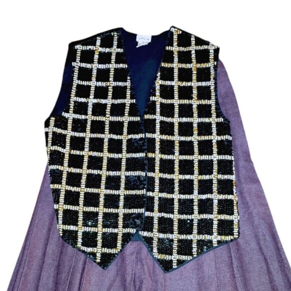 VTG 90s Black White Gold Sequins Beaded Checkered Formal Vest Medium - Picture 3 of 16